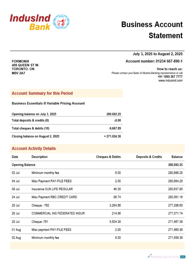 Download Induslnd organization checking account statement Word and PDF format Photoshop template